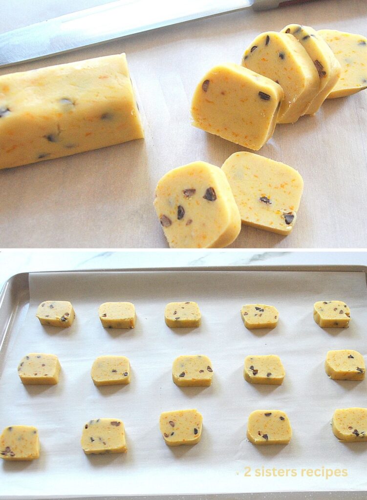Slicing the log of cookie dough, and setting them on baking sheet.