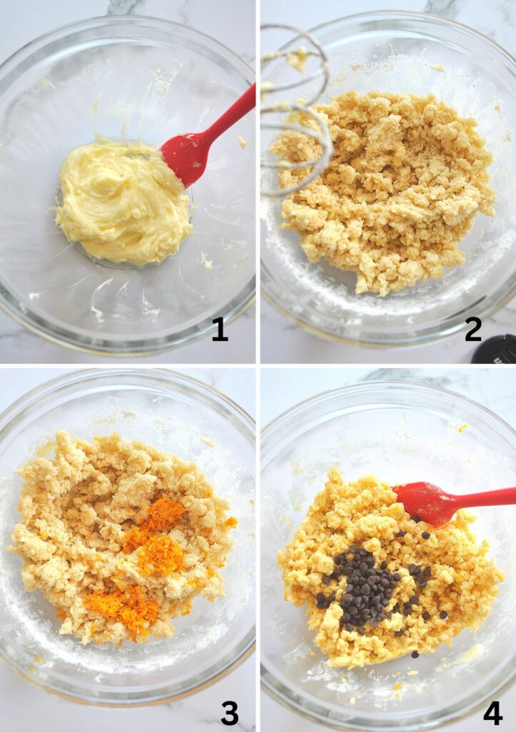 Four steps to make the cookie dough, blending the ingredients in a glass mixing bowl.