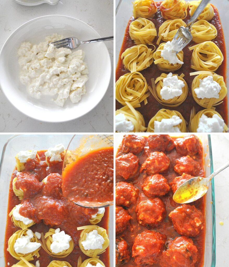 A plate with chopped burrata cheese, tagliatella nests topped with burrata cheese and topped with tomato sauce.