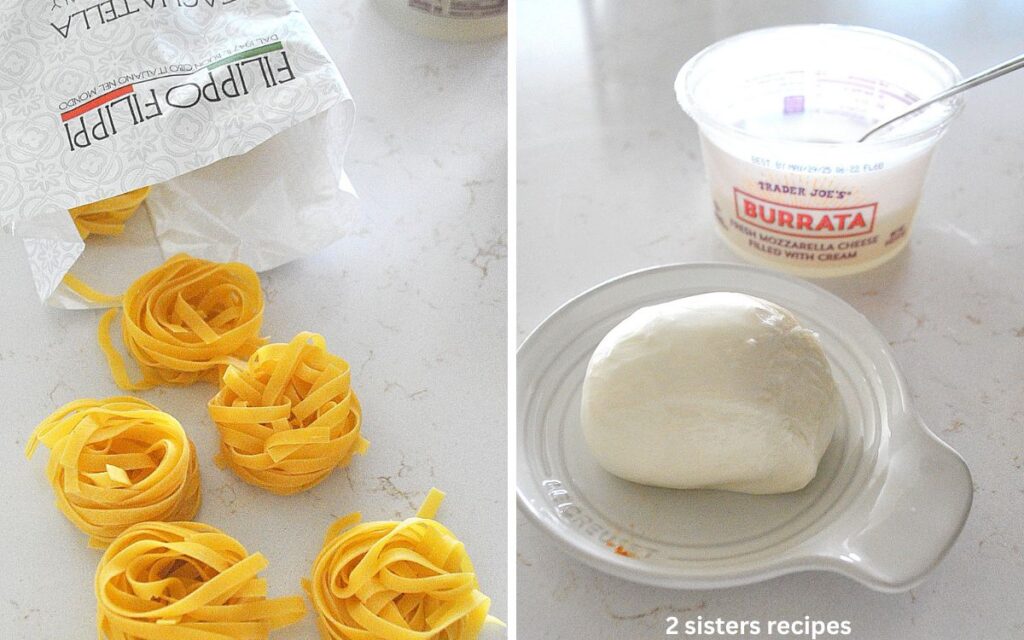 Curly strands of pasta shaped into little nests, and a plate with a burrata cheese on it.