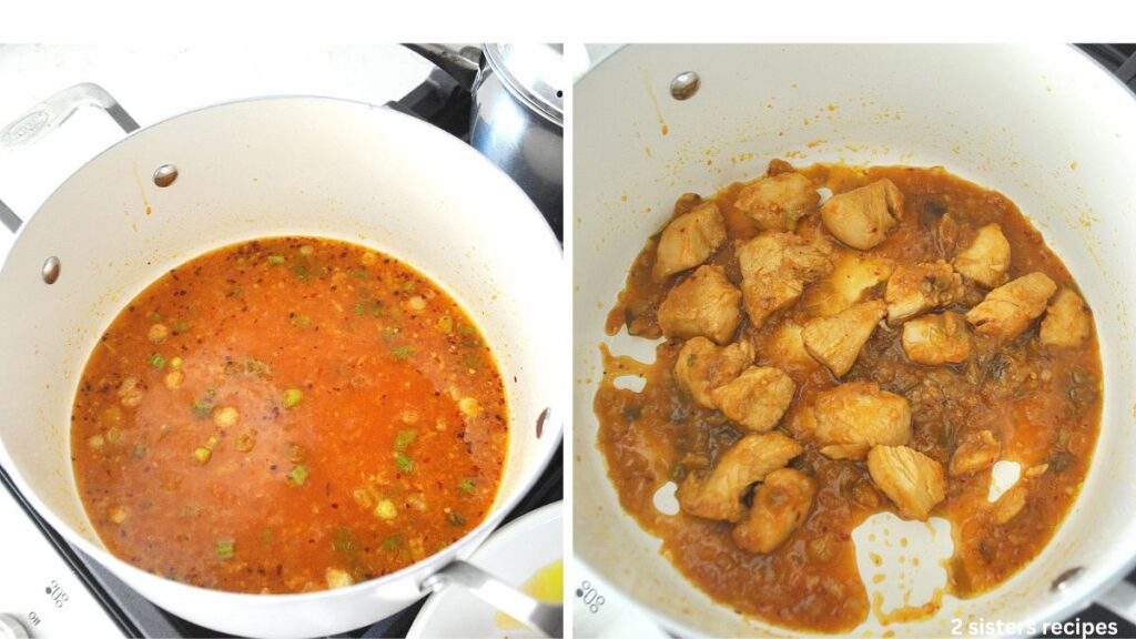 A saucepan with orange sauce simmering, and pieces of chicken coated in the sauce.