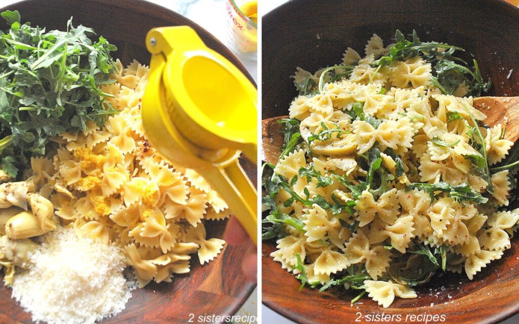 A Slit screen with pasta salad bowl with lemon squeezer, and tossed to combined.