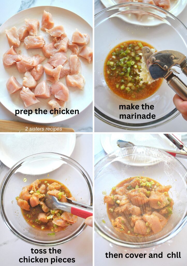 A plate filled with pieces of raw chicken. A bowl with chopped green onioons, then marinating the chicken pieces in the bowl with a marinade.