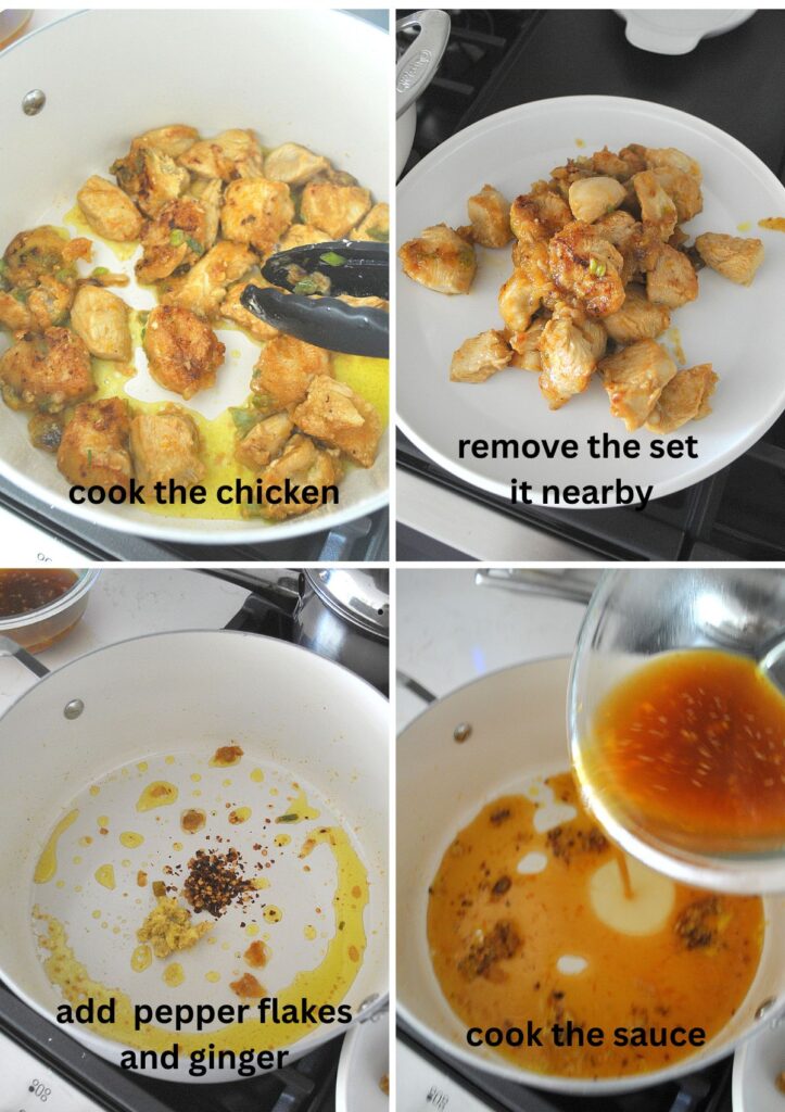 A large sauce pan cooking pieces of chicken, and setting them on a whte plate. Then cooking the orange sauce.