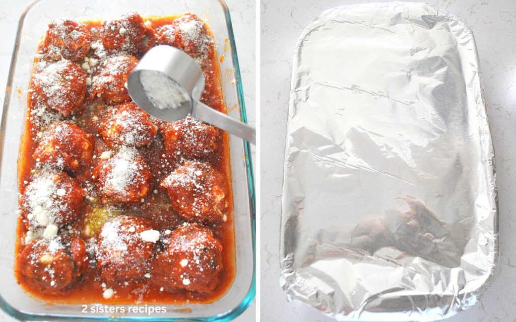 A casserole dish filled with taglaitella pasta smothered in tomato sauce and grated cheese, then covered with foil wrap.