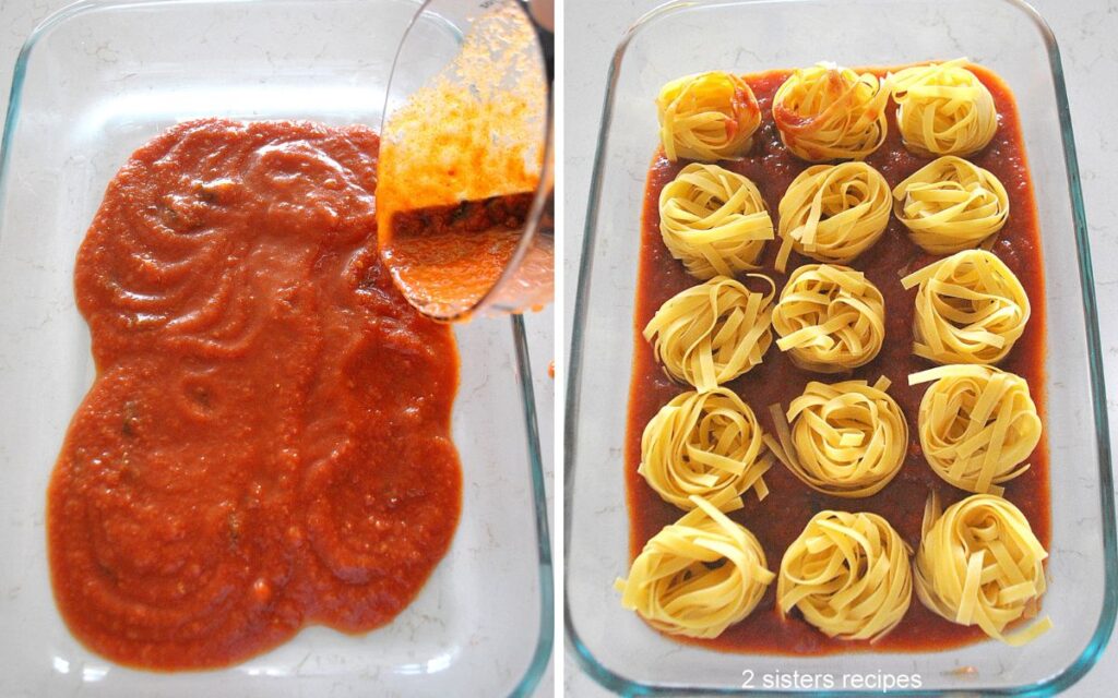 A clear pryex baking dish with a layer of tomato sauce, then little pasta nests set on top, side by side.