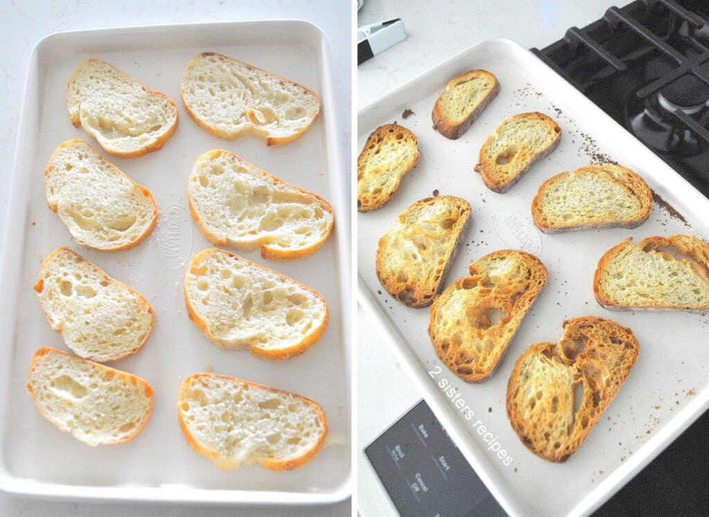 A baking sheet filled with sliced bread and then toasted bread.
