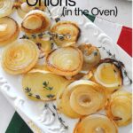 White platter filled with caramelized onions and some sprigs of thyme.