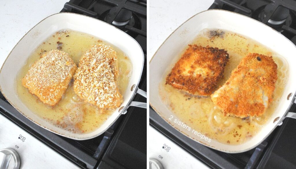 A skillet with fish frying in oil. 