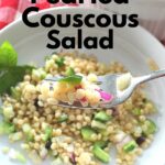 A forkful of white pearled couscous salad.