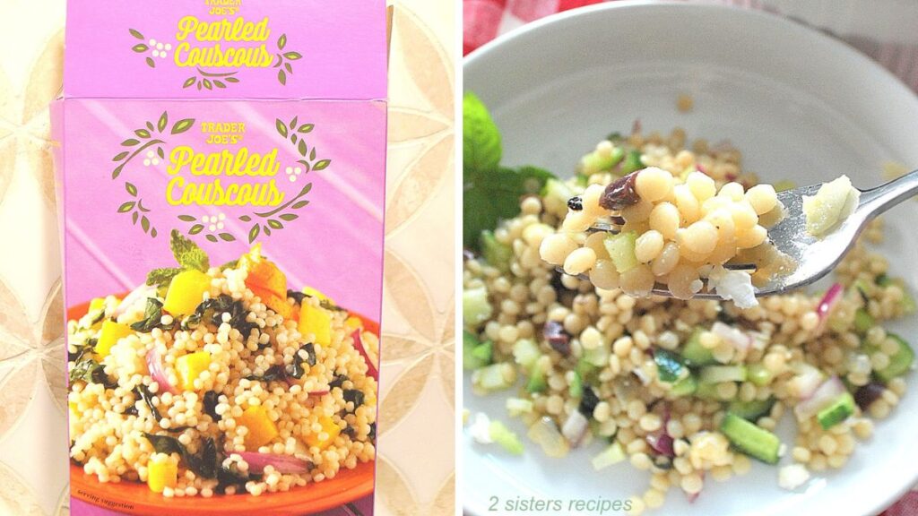 A box of pearled couscous and a forkful of it cooked.