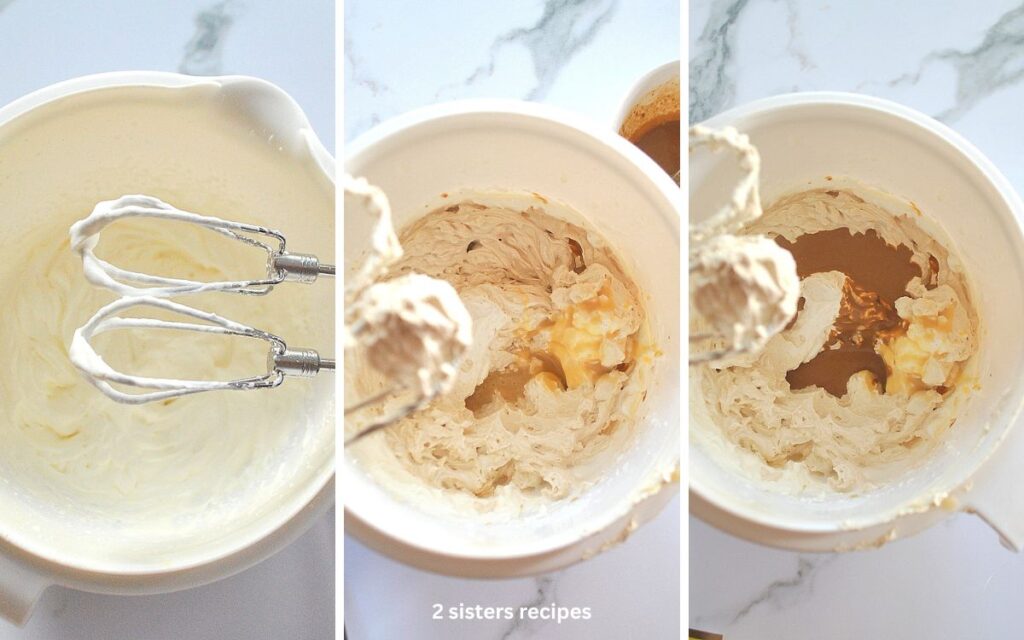 A white mixing bowl with cream , and coffee mixture poured into it.