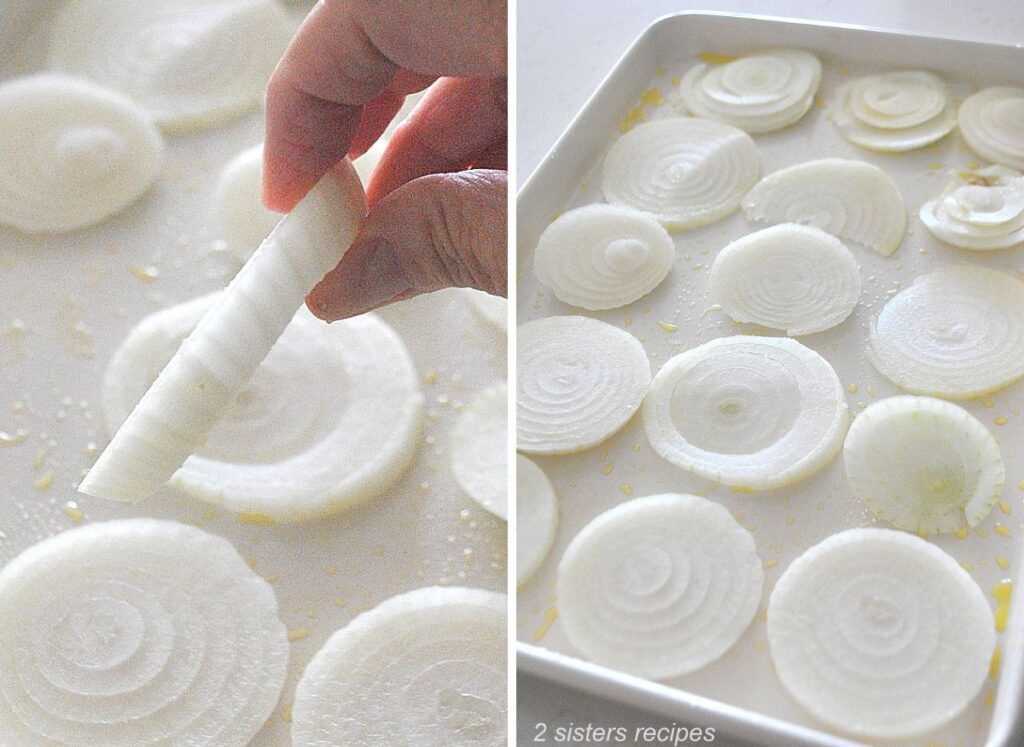 A white baking sheet filled with sliced onions.