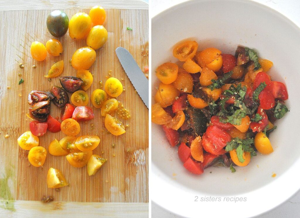 A cutting board with chopped tomatoes., and a bowl of chopped tomatoes with herbs and seasonings.
