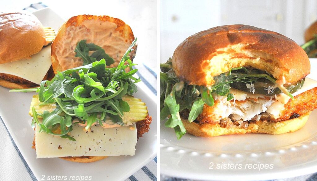 An open fish sandwich, and a bite into the closed fish sandwich on a white plate.