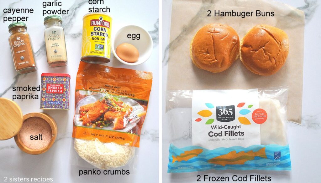 Seasonings, plus two hamburger buns, and a package of cod fillets. 