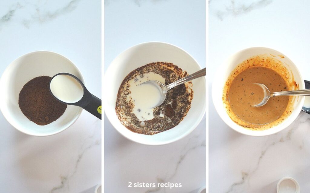 A small bowl with instant coffee granules stirred with heavy cream.