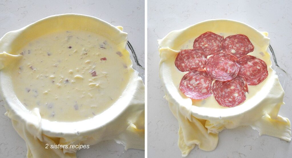 The mixture is poured into the pastry sheet in the pie dish and topped with  thin slices of salami.