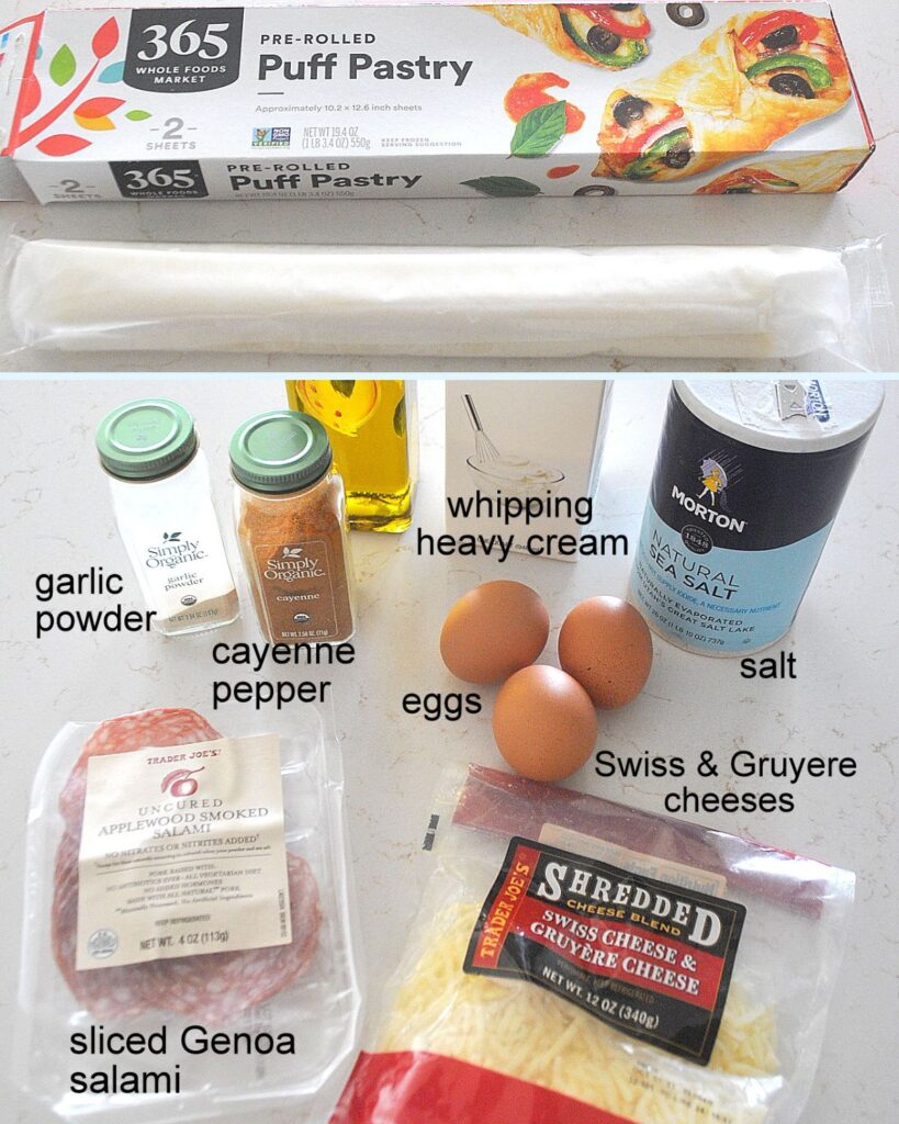 Ingredients are laid on the counter, the eggs, salami, cheeses, and box of frozen puff pastry.