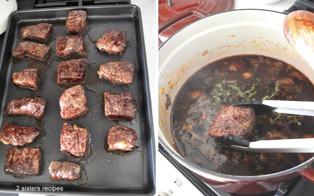A baking sheet filled with braised short ribs and a pot filled with wine.