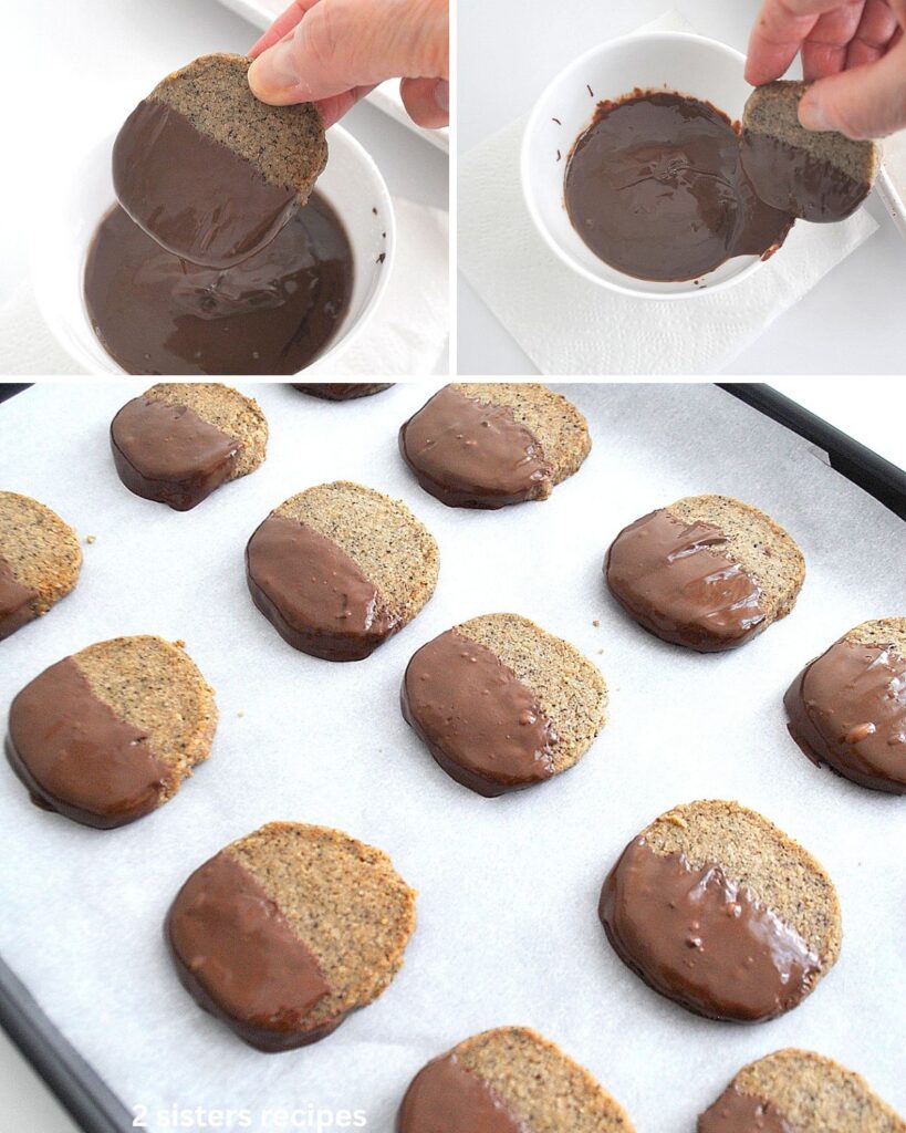 A baking sheet filled with chocolate-dipped espresso shortbread cookies.