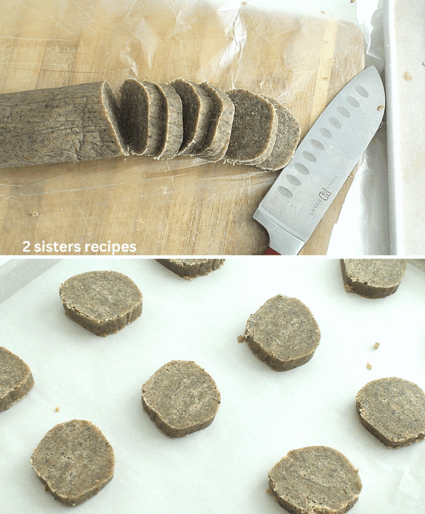 A chilled cookie log, sliced into disks, and baking sheet with sliced cookie dough 