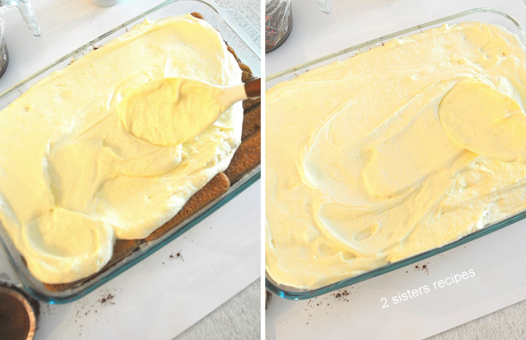Spreading cream on layer of lady fingers.