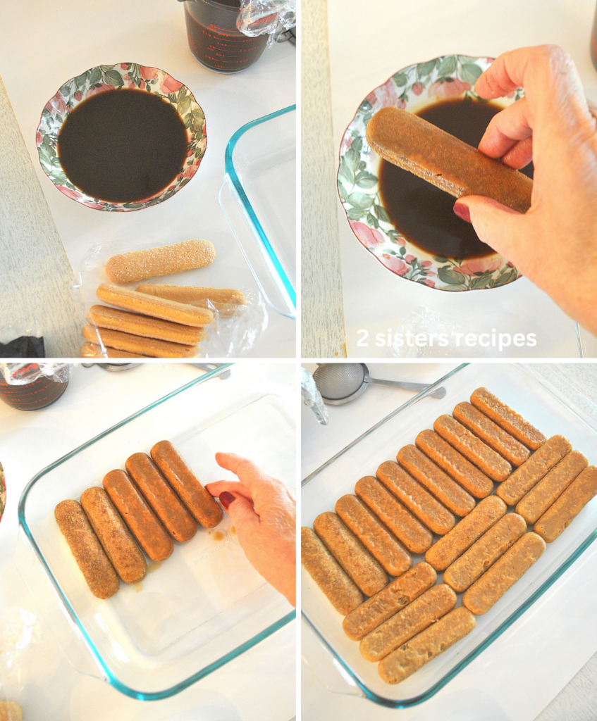 a bowl of espresso coffee, lady finger dipped, and a layer of them in a baking dish. 
