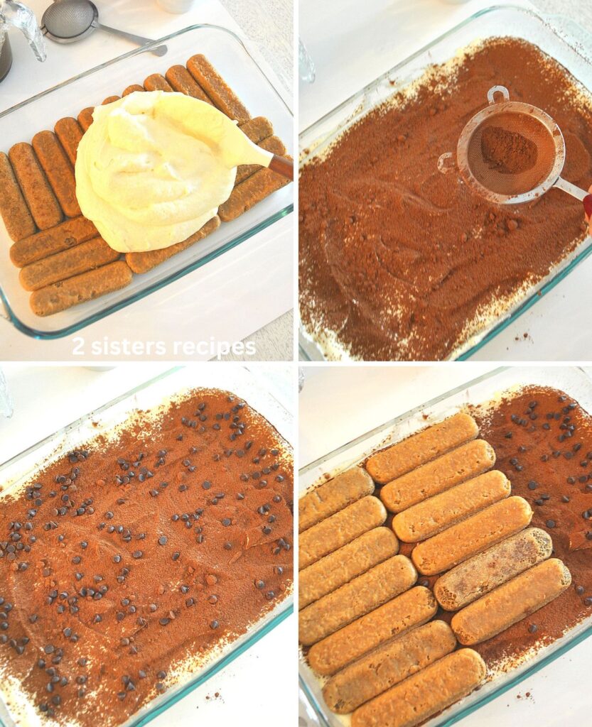 Steps tp making layers of cookies dipped in coffee, and cream and cocoa powder.