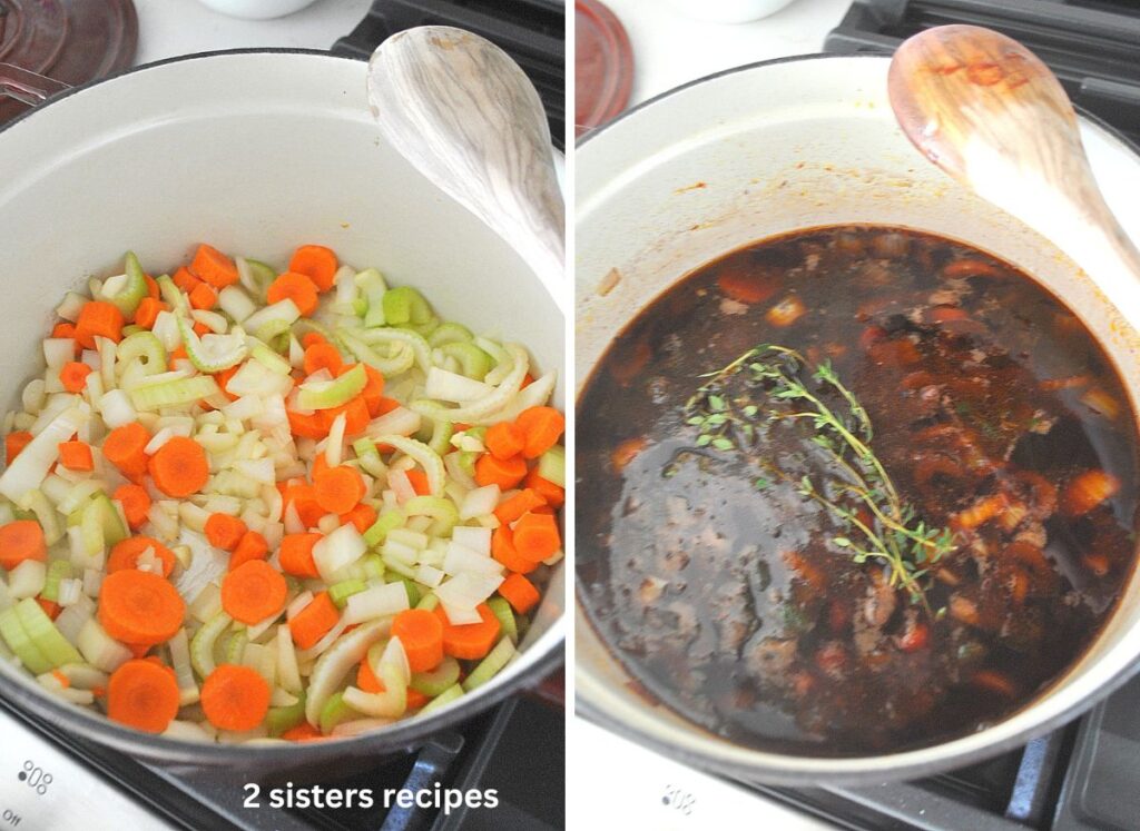 A Dutch oven pot filled with vegetables sautรฉing on stove top. And red wine poured into the pot.