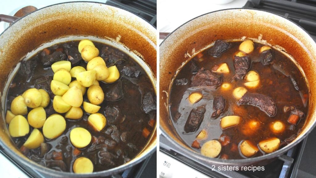 A Dutch oven pot filled with cooked ribs, and raw small potatoes tossed inside.