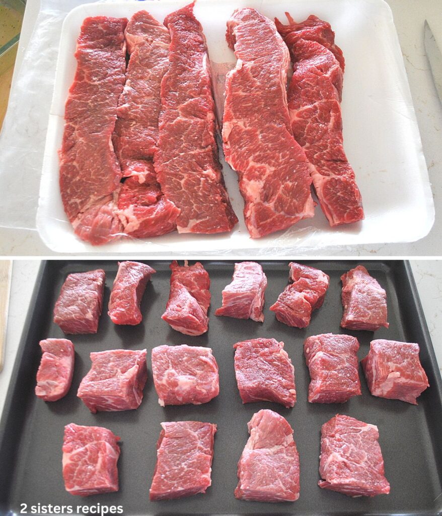 A package of raw boneless short ribs, then cut into pieces and placed on a baking sheet.