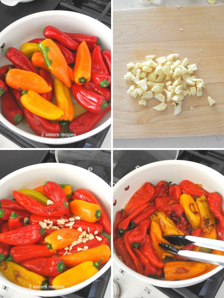 A deep white skillet with mini peppers sauting with garlic.