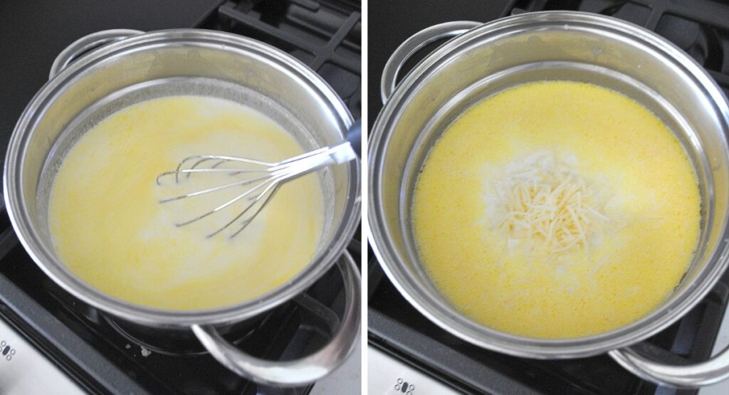 A small pot with cheese sauce.