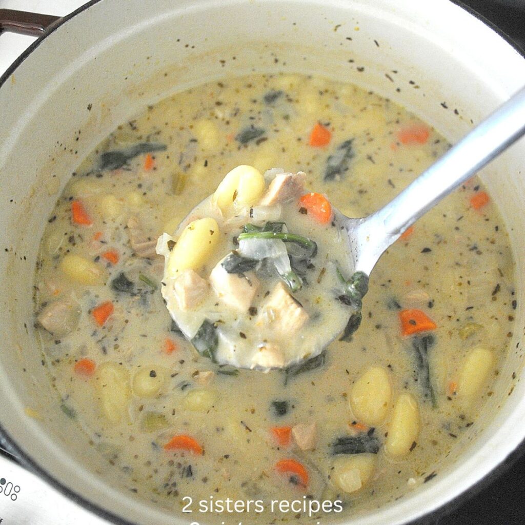 A Dutch oven pot on stove top with a ladle filled with creamy chicken gnocchi soup.