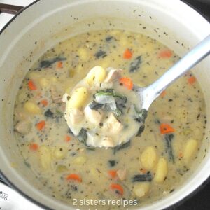 A Dutch oven pot on stove top with a ladle filled with creamy chicken gnocchi soup.