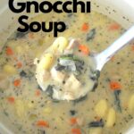 A large pot filled with a creamy soup loaded with pieces of chicken, and veggies.