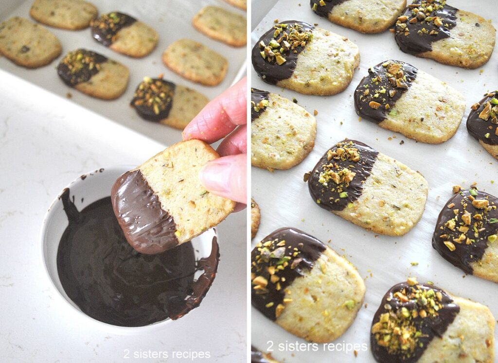 Dunking the cookies one at a time into the melted chocolate, and sprinkle some crushed pistachios on top.