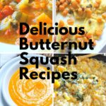 A bowl of creamy butternut squash soup, risotto and ravioli with chunks of butternut squash.