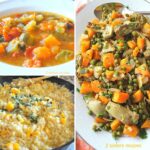 Butternut squash soup, risotto in a skillet and butternut squash with peas and artichoke hearts.