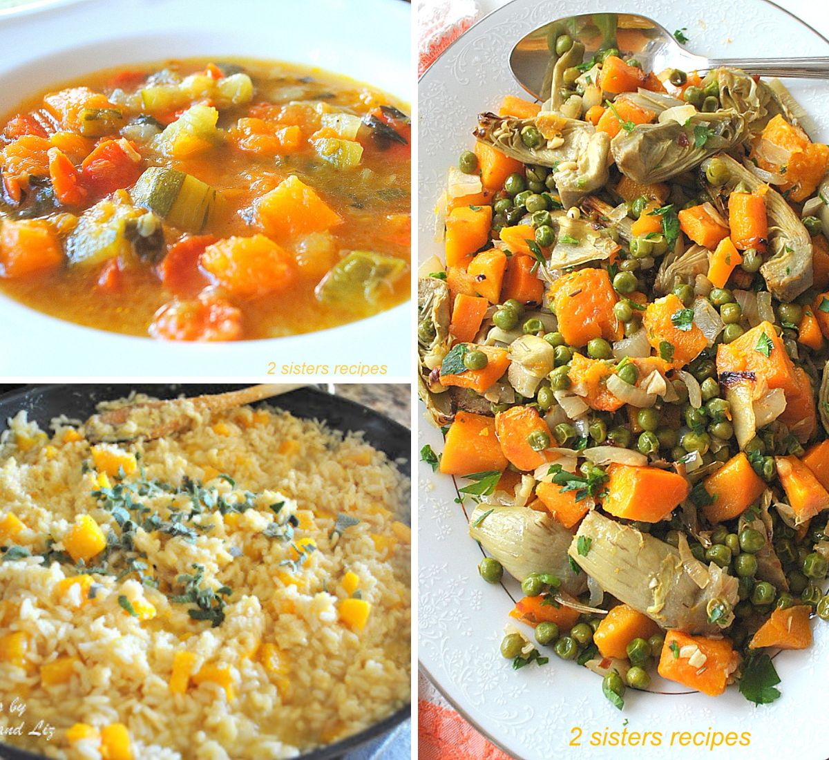 Butternut squash soup, risotto in a skillet and butternut squash with peas and artichoke hearts.