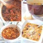 A Dutch oven filled with bean chili, cabbage and meat, and a bowl of soup.