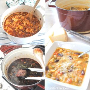 A Dutch oven on the counter with a bowl of soup, boneless ribs and cabbage cooked in Dutch oven.