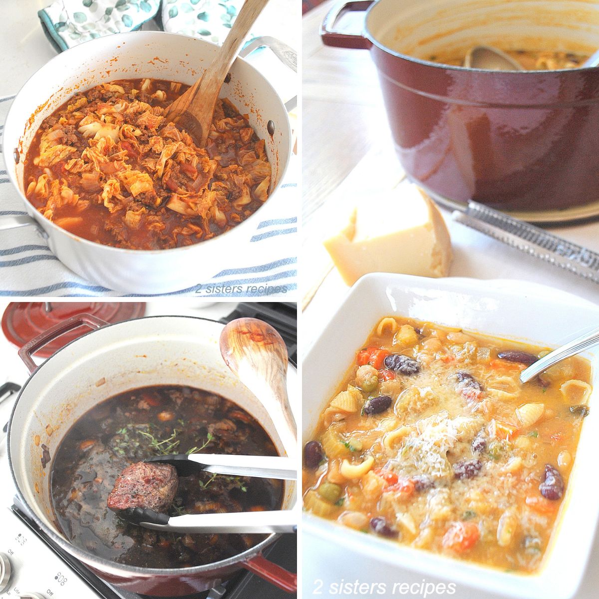 Dutch Oven Recipes for Dinner (16 Recipes!) A Dutch oven on the counter with a bowl of soup, boneless ribs and cabbage cooked in Dutch oven.