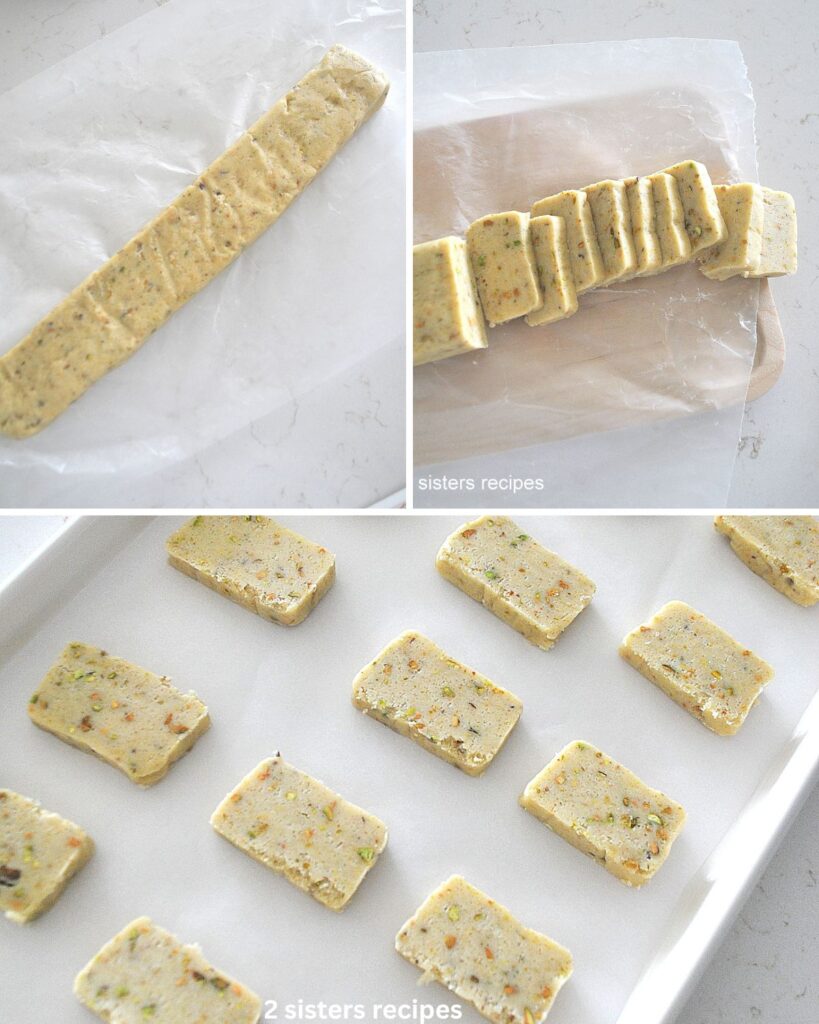 A cookie dough shaped into a log, then sliced and placed on baking sheet.