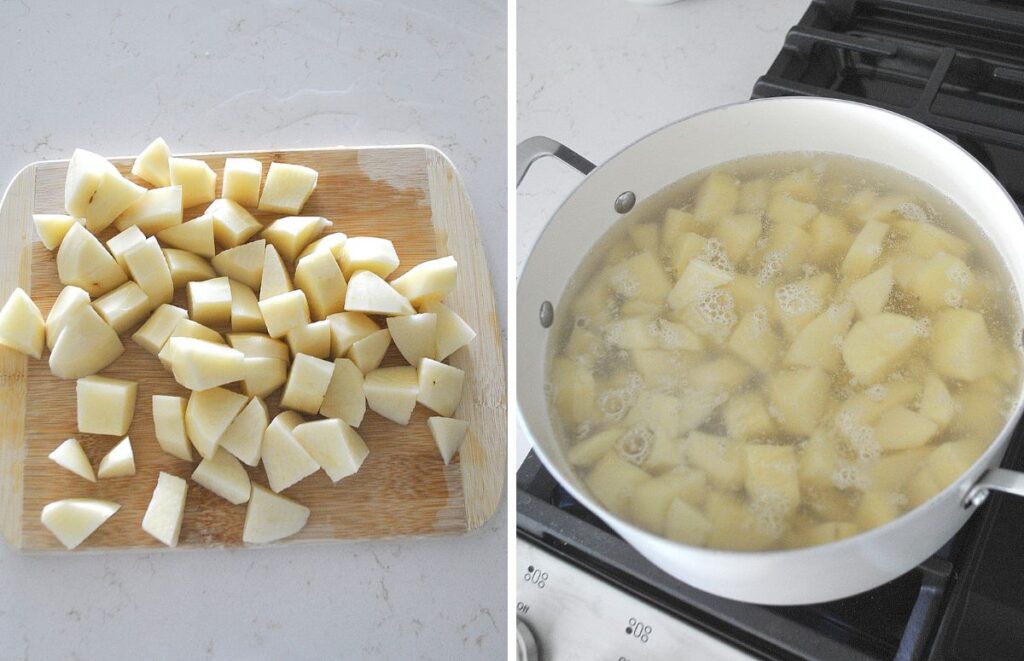 Chopped potatoes on the cutting board, and a pot filled with water along with cubed potatoes.