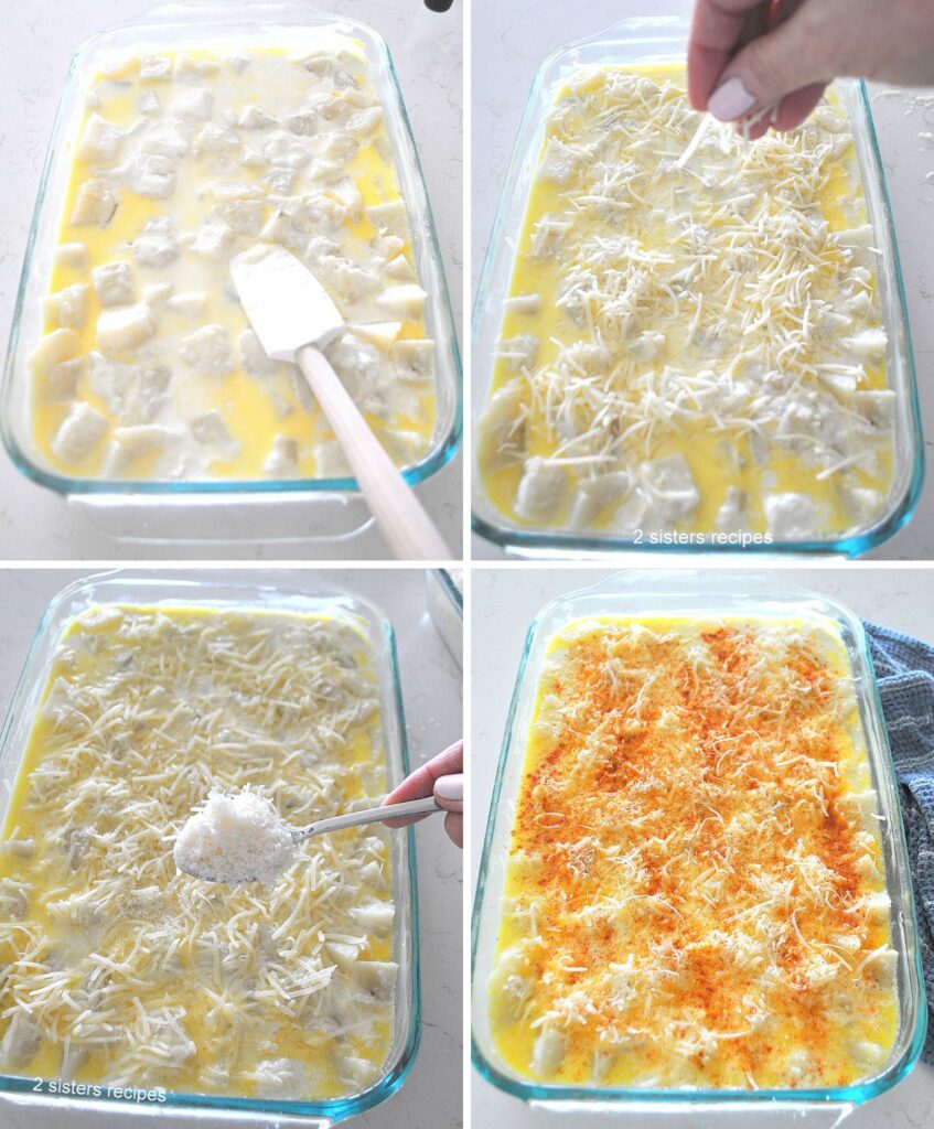Adding the cream sauce to the potatoes in the casserole and topping with cheeses and smoked paprika.