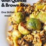 A white plate filled with Brussels sprouts, quinoa and brown rice.
