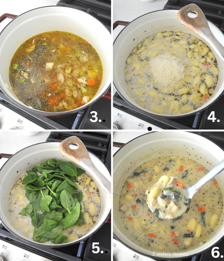 Four steps to adding the gnocchi, cream, cheese and spinach.