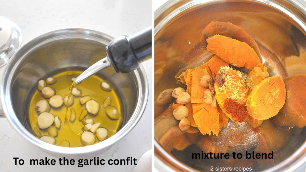 A pot filled with olive oil and garlic cloves, and a silver bowl with sweet potatoes, spices and garlic.